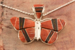 Calvin Begay Genuine Spiny Oyster Shell Sterling Silver Butterfly Pendant